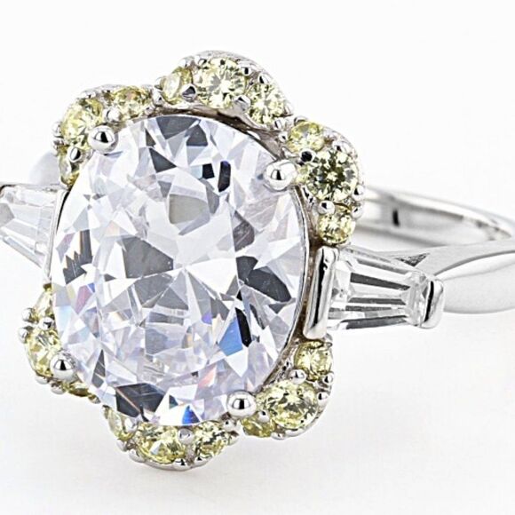 10.87ctw Canary And White Diamond Simulants Rhodium Over Silver Ring size 8 - Picture 4 of 5